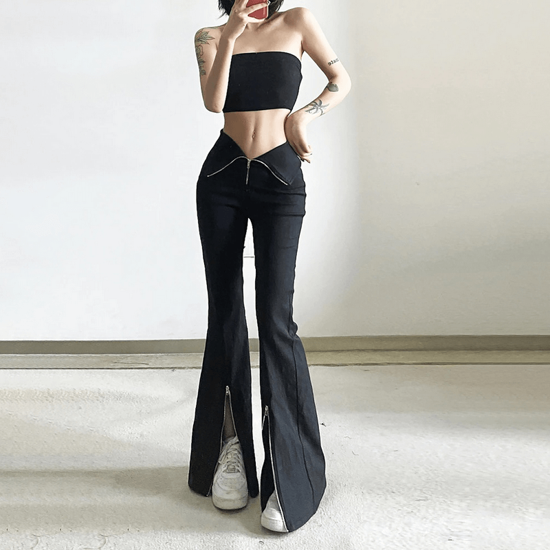 Black Stretch Split-hem Pants / High-waisted Zipper Flared Trousers / Women's Alternative Apparel