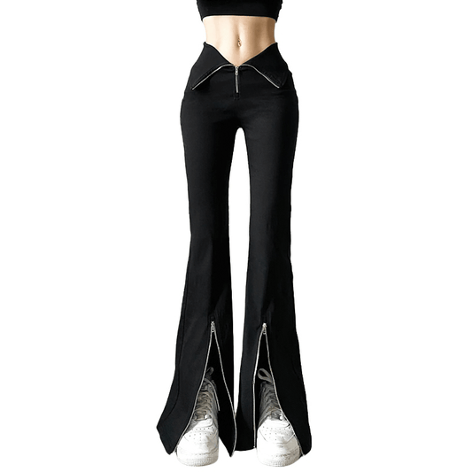 Black Stretch Split-hem Pants / High-waisted Zipper Flared Trousers / Women's Alternative Apparel
