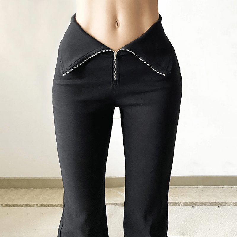 Black Stretch Split-hem Pants / High-waisted Zipper Flared Trousers / Women's Alternative Apparel