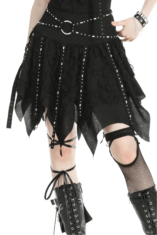 Black Studded Layered Asymmetrical Gothic Skirt