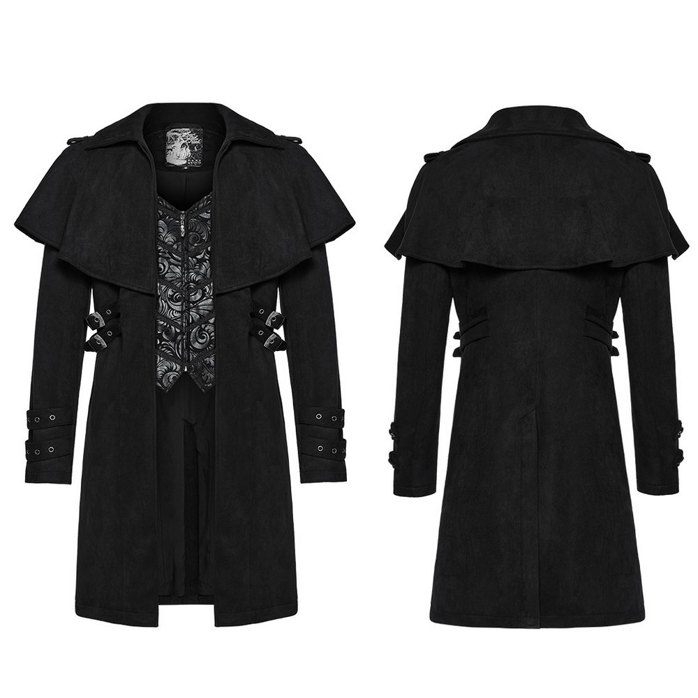 Black Suede Gothic Cape Coat with Decorative Buckles