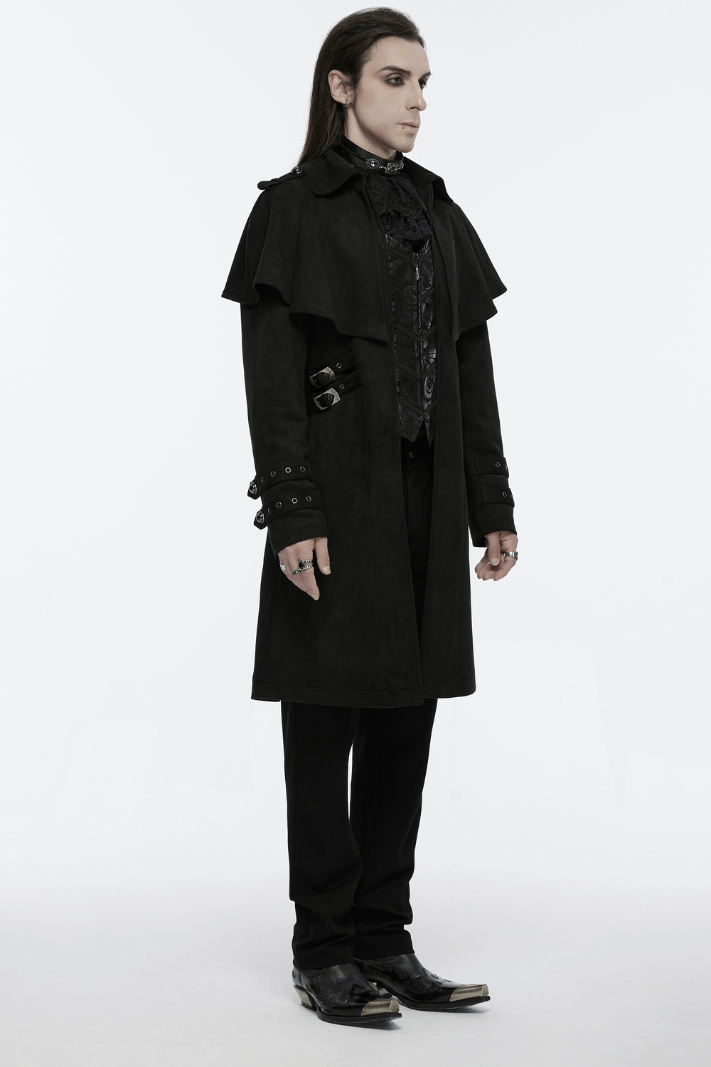 Black Suede Gothic Cape Coat with Decorative Buckles