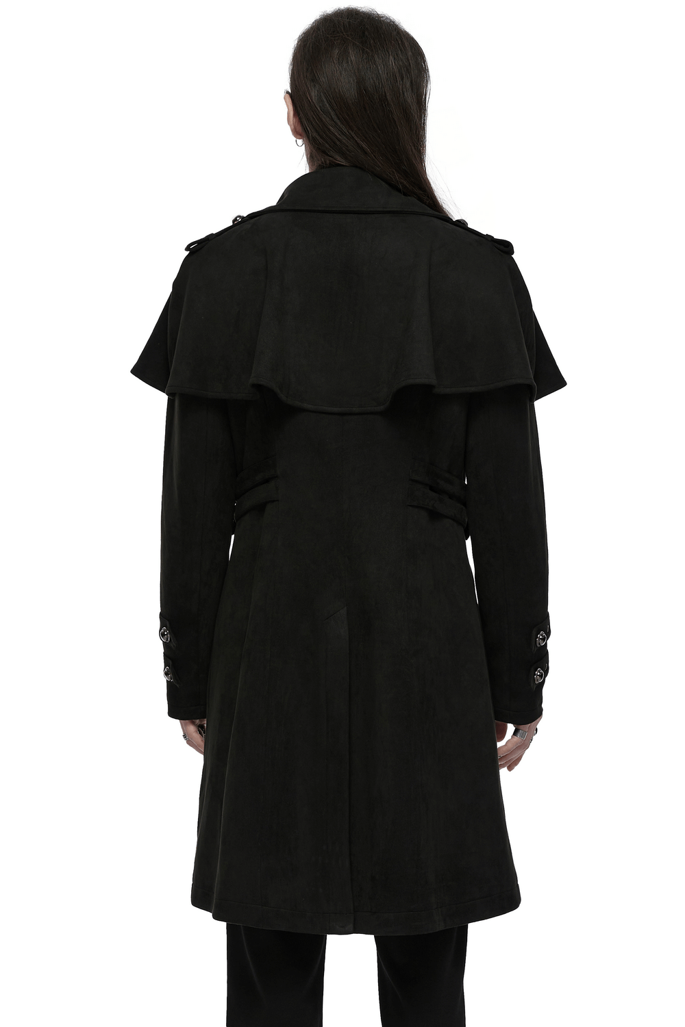 Black Suede Gothic Cape Coat with Decorative Buckles