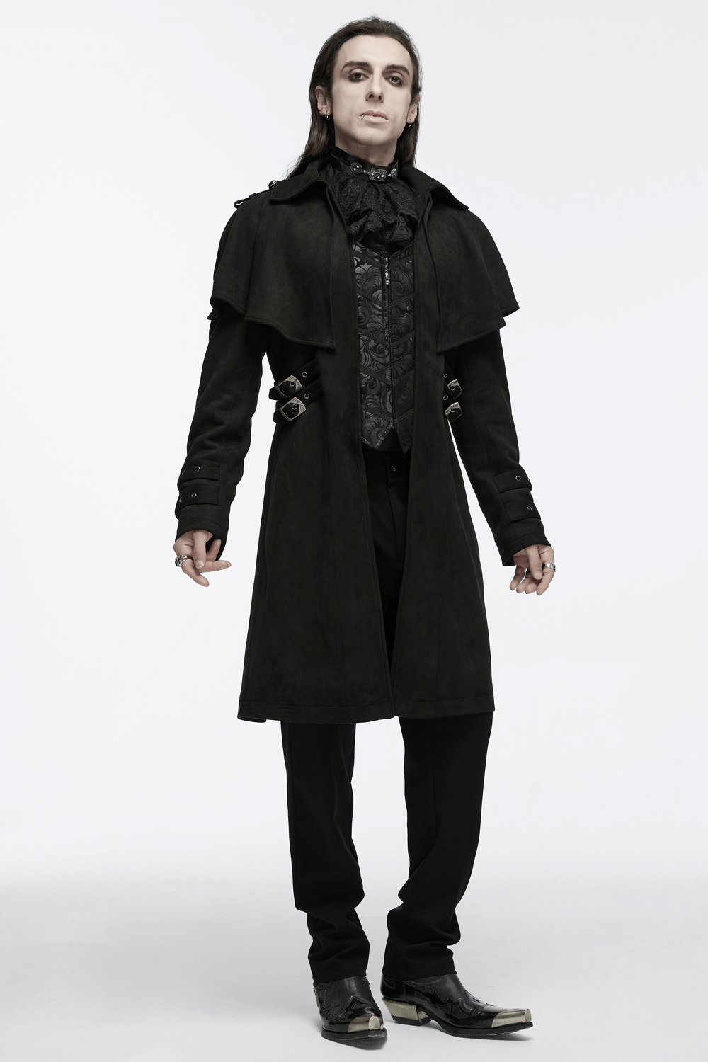 Black Suede Gothic Cape Coat with Decorative Buckles