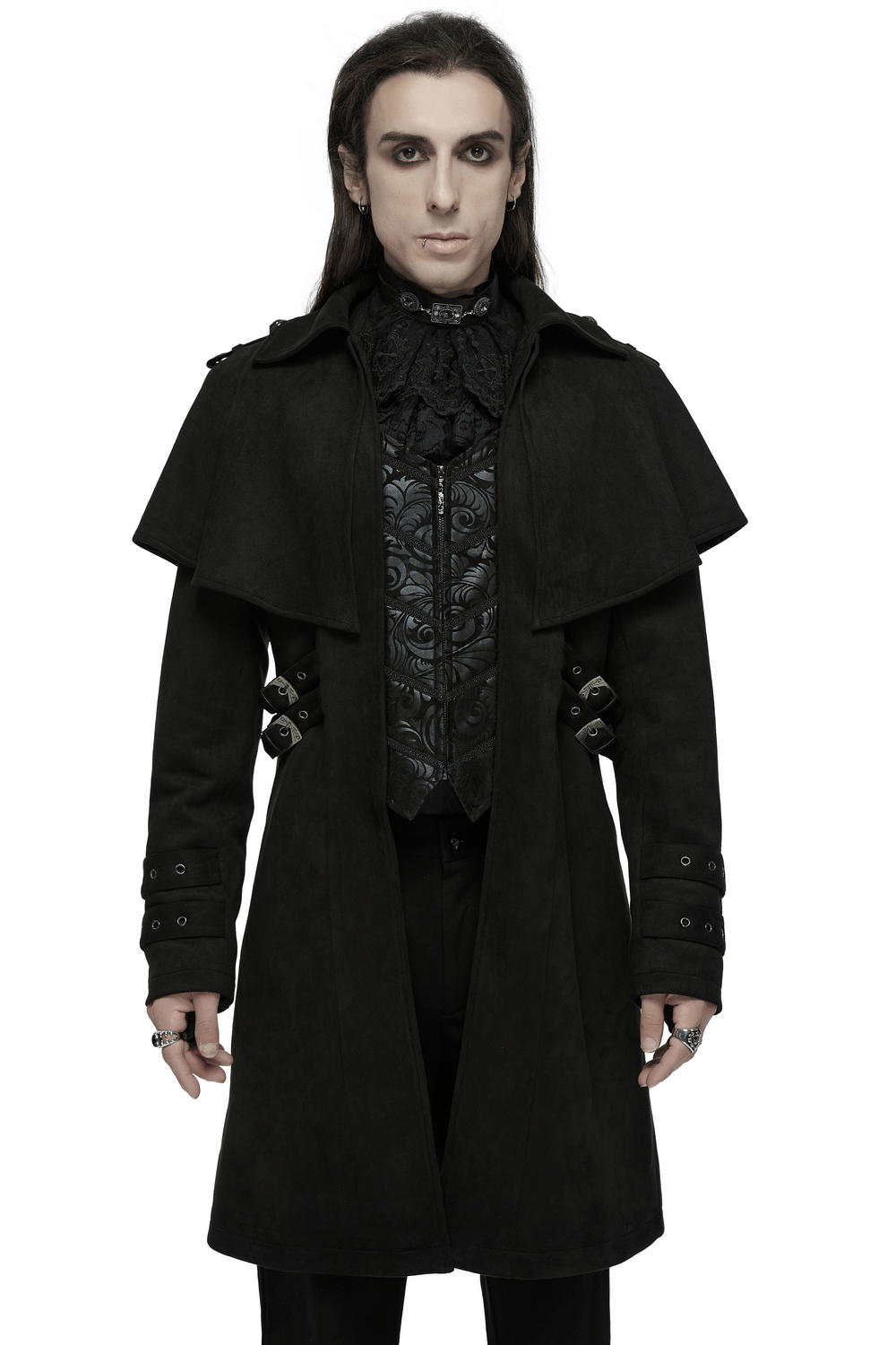 Black Suede Gothic Cape Coat with Decorative Buckles