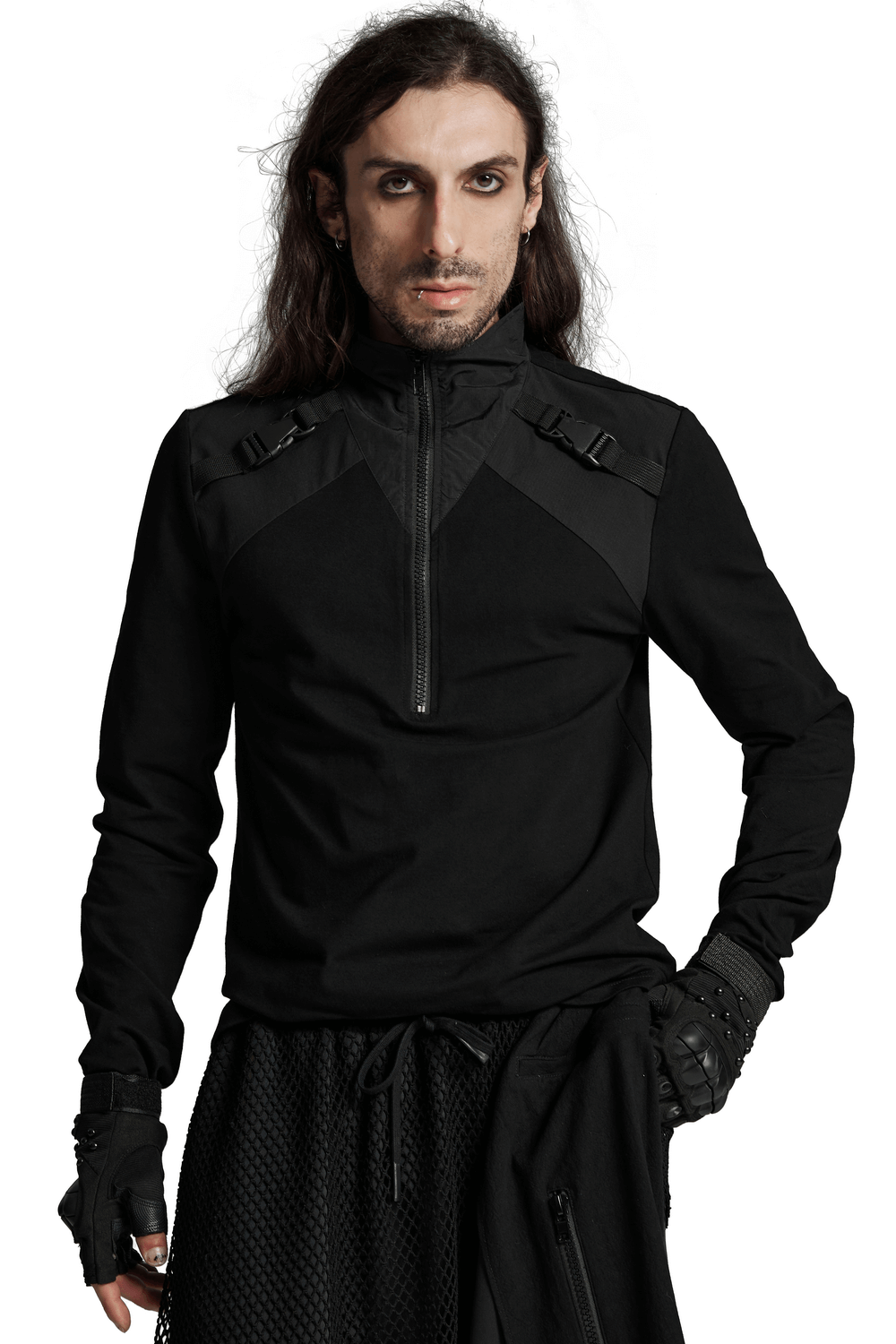 Black Techwear Zippered Sweatshirt with Shoulders Buckles