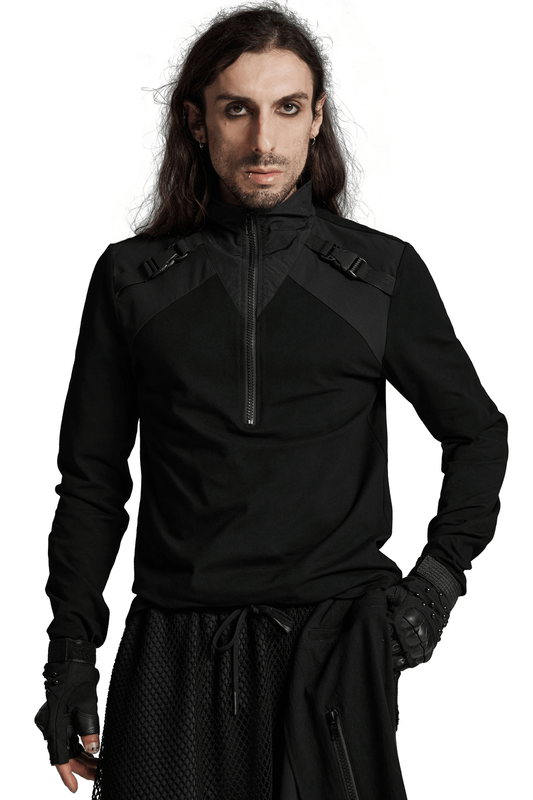 Black Techwear Zippered Sweatshirt with Shoulders Buckles