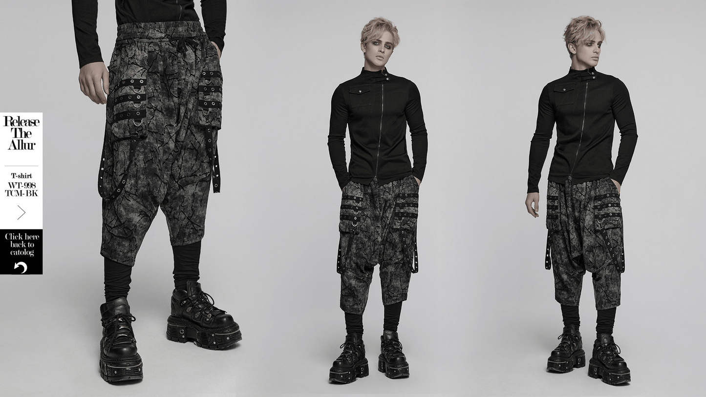 Black Tie Dye Drop Crotch Pants with Eyelet Straps