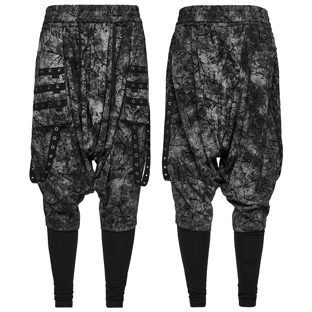 Black Tie Dye Drop Crotch Pants with Eyelet Straps