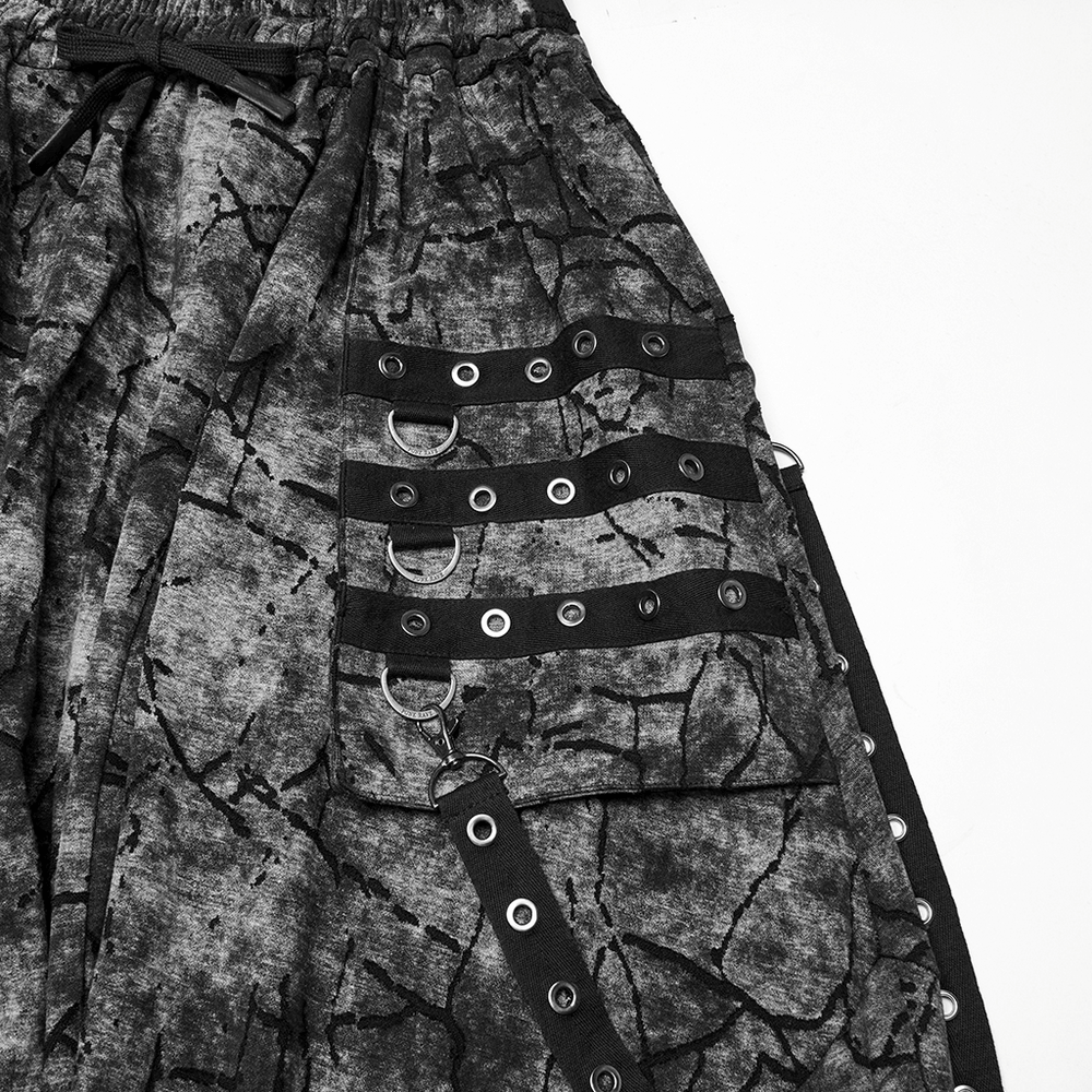 Black Tie Dye Drop Crotch Pants with Eyelet Straps