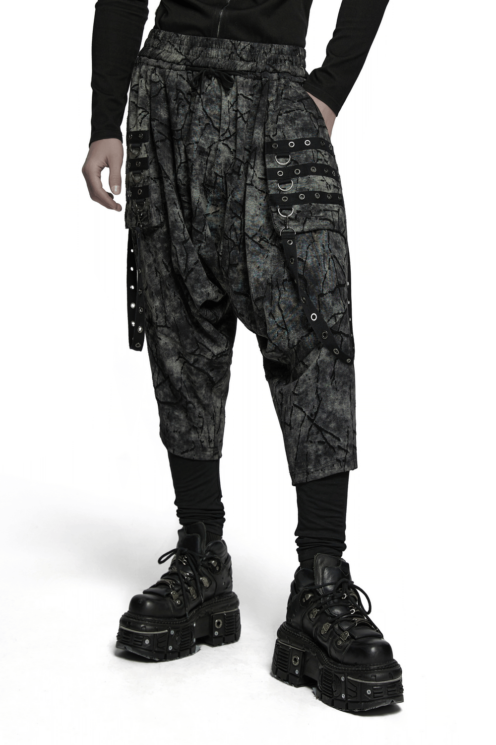 Black Tie Dye Drop Crotch Pants with Eyelet Straps