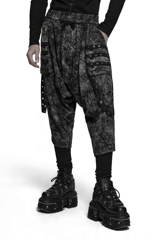 Black Tie Dye Drop Crotch Pants with Eyelet Straps