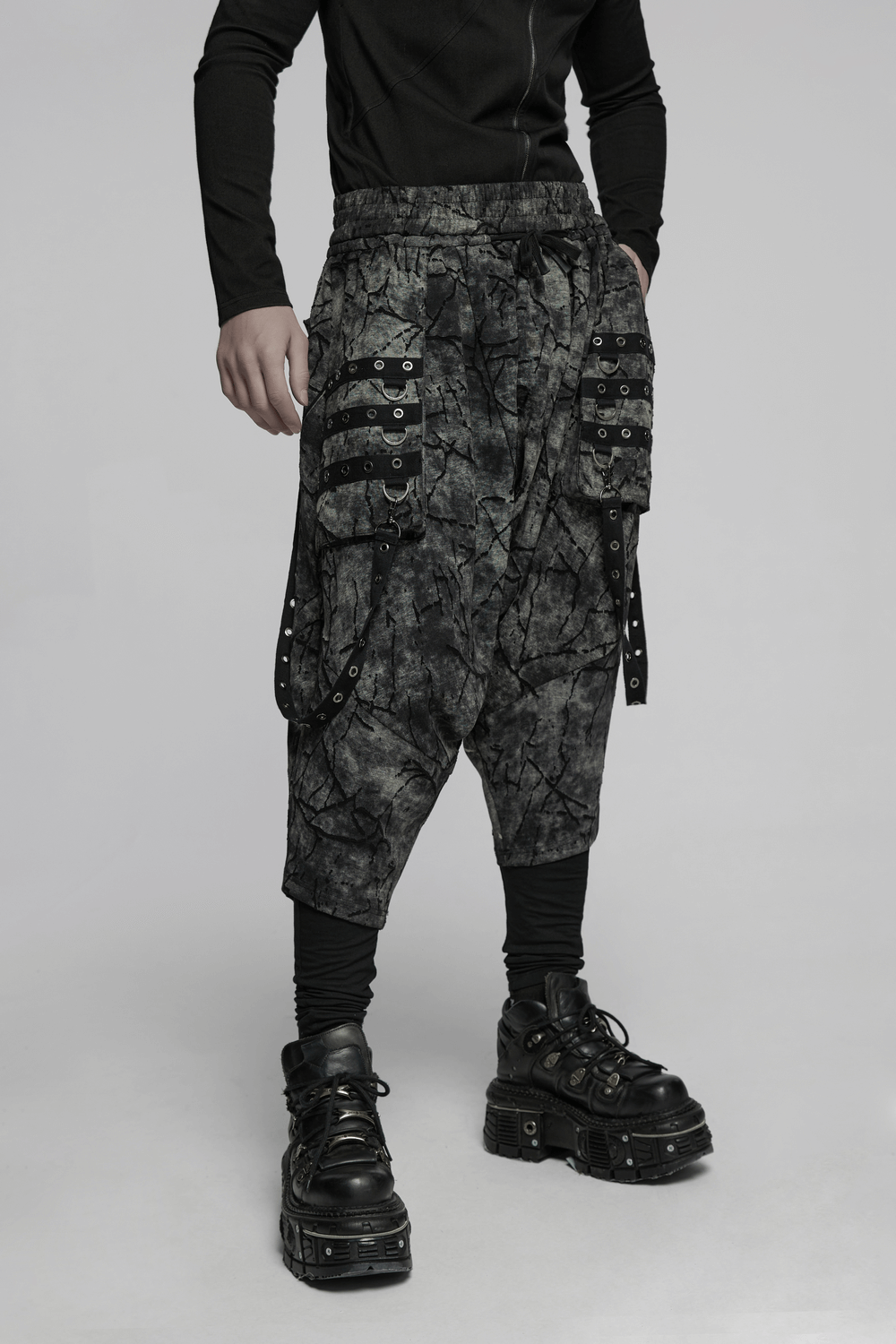 Black Tie Dye Drop Crotch Pants with Eyelet Straps