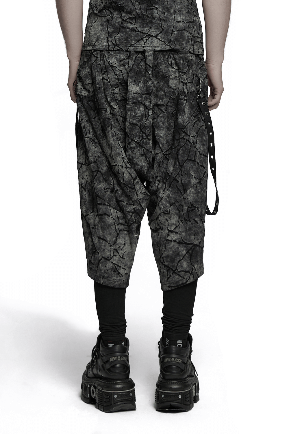 Black Tie Dye Drop Crotch Pants with Eyelet Straps
