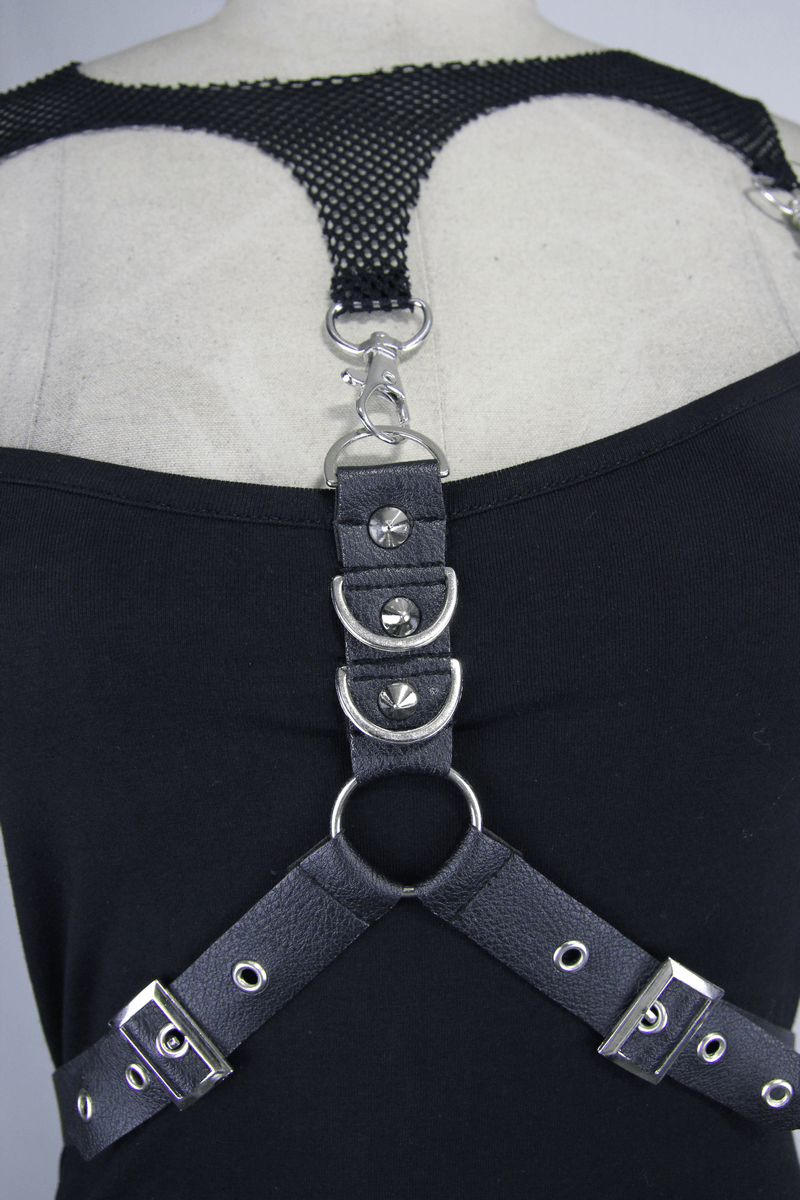 Black Top with Harness Design / Steampunk Sleeveless Slim-Fitting Top with Buckles