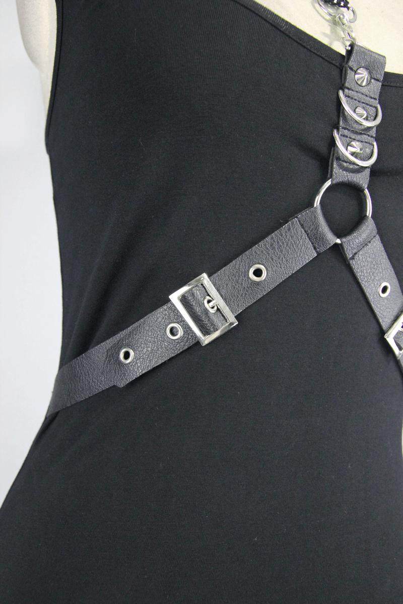 Black Top with Harness Design / Steampunk Sleeveless Slim-Fitting Top with Buckles