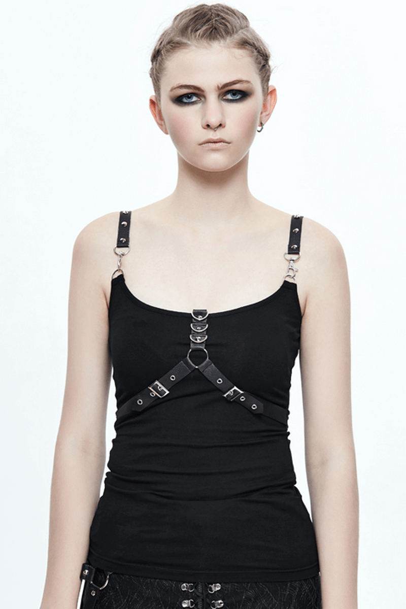 Black Top with Harness Design / Steampunk Sleeveless Slim-Fitting Top with Buckles