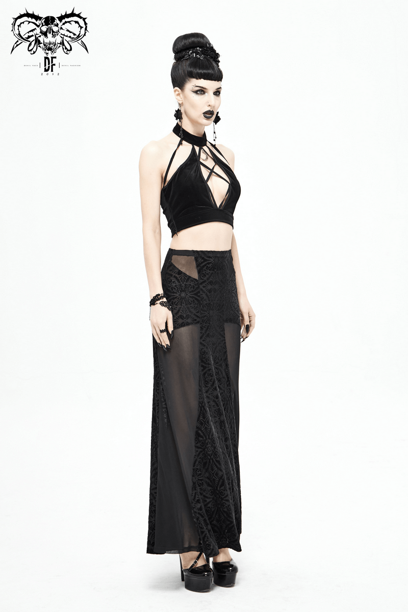 Black Transparent Skirt with High Waisted / Sexy Cross Long Skirt For Women