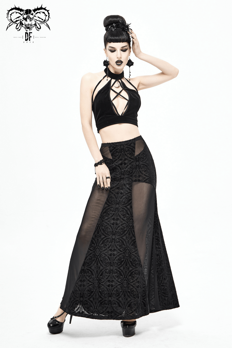 Black Transparent Skirt with High Waisted / Sexy Cross Long Skirt For Women