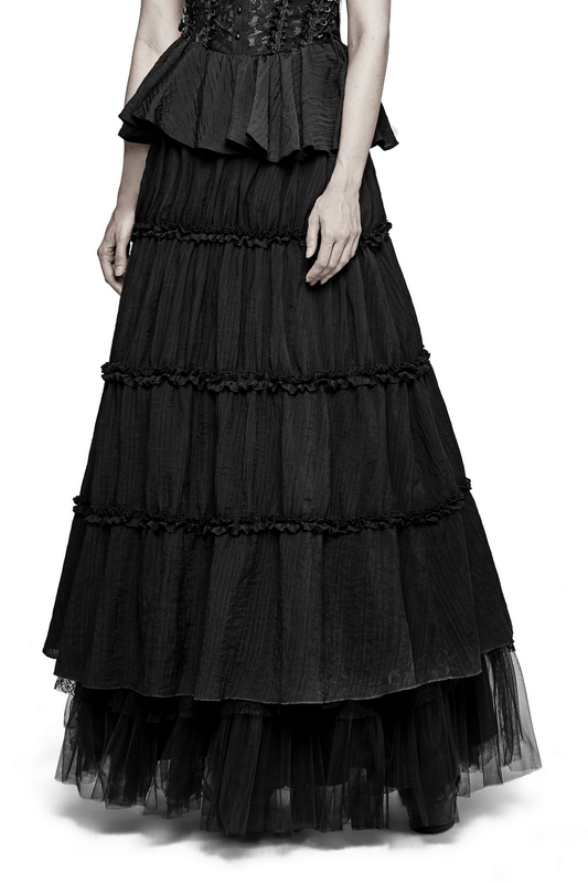 Black Tulle Long Skirt with Lace Details for Women