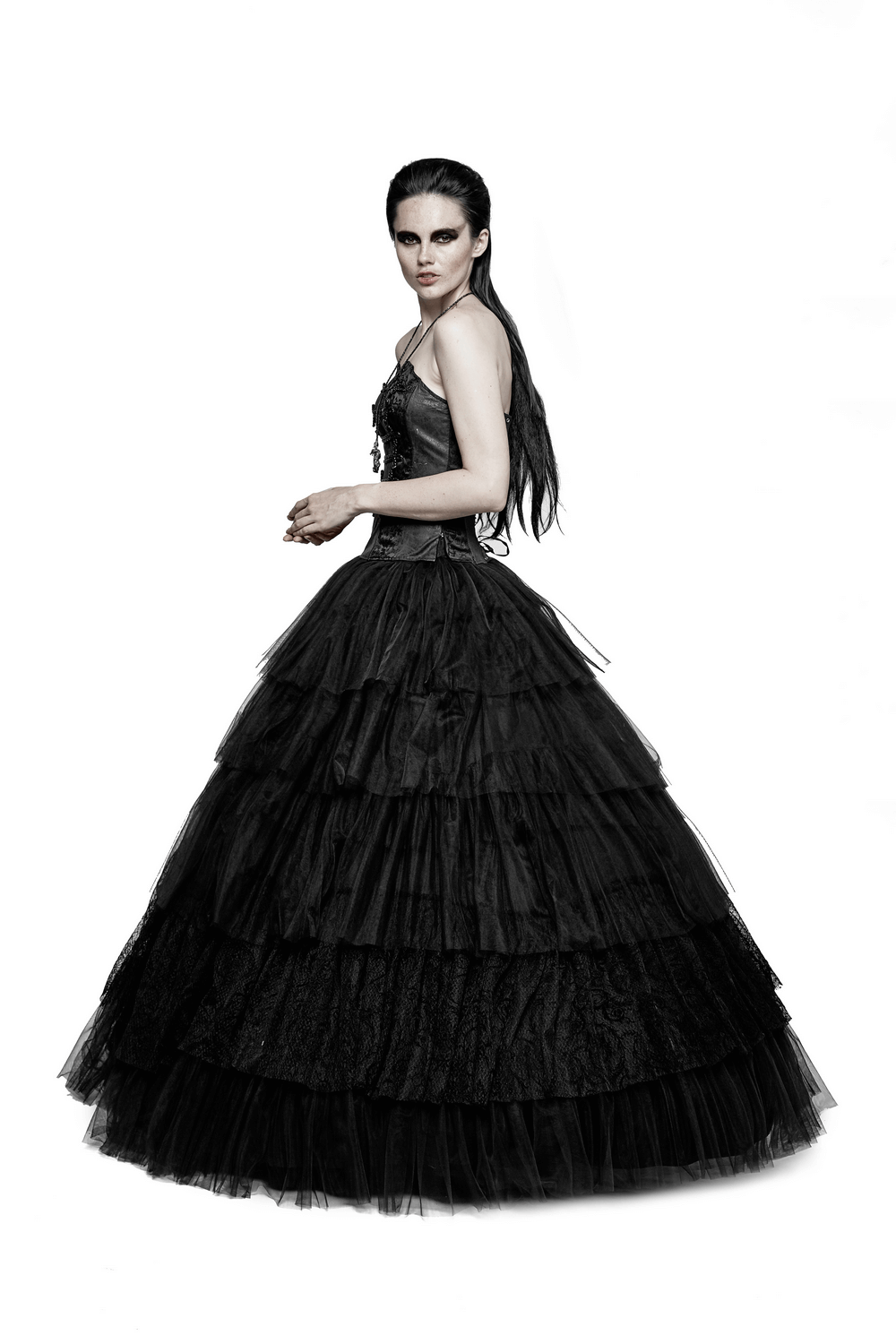 Black Tulle Long Skirt with Lace Details for Women