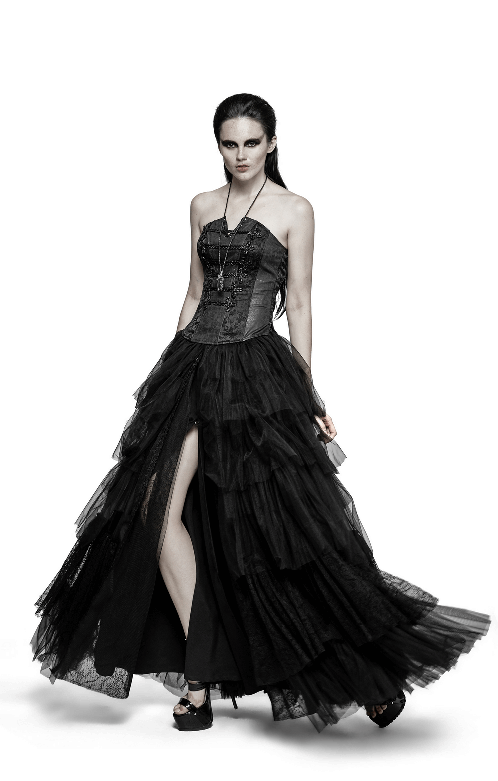Black Tulle Long Skirt with Lace Details for Women
