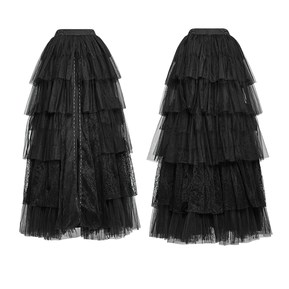 Black Tulle Long Skirt with Lace Details for Women