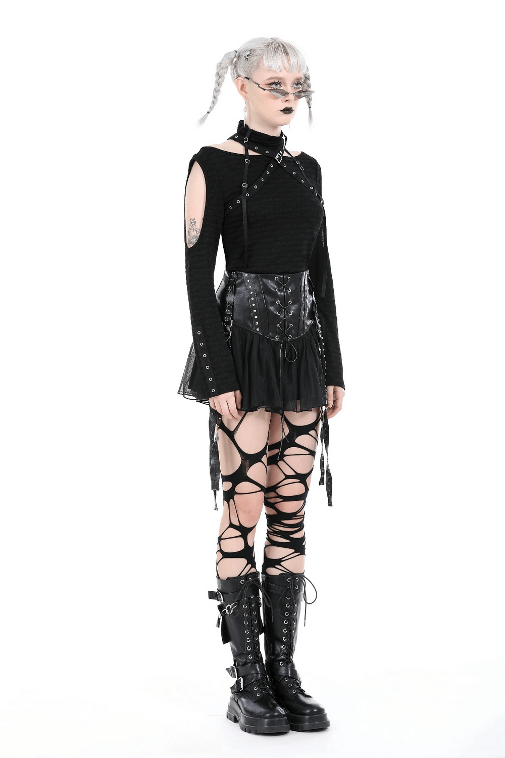Black Tulle Skirt with Lace-Up Front And Studded