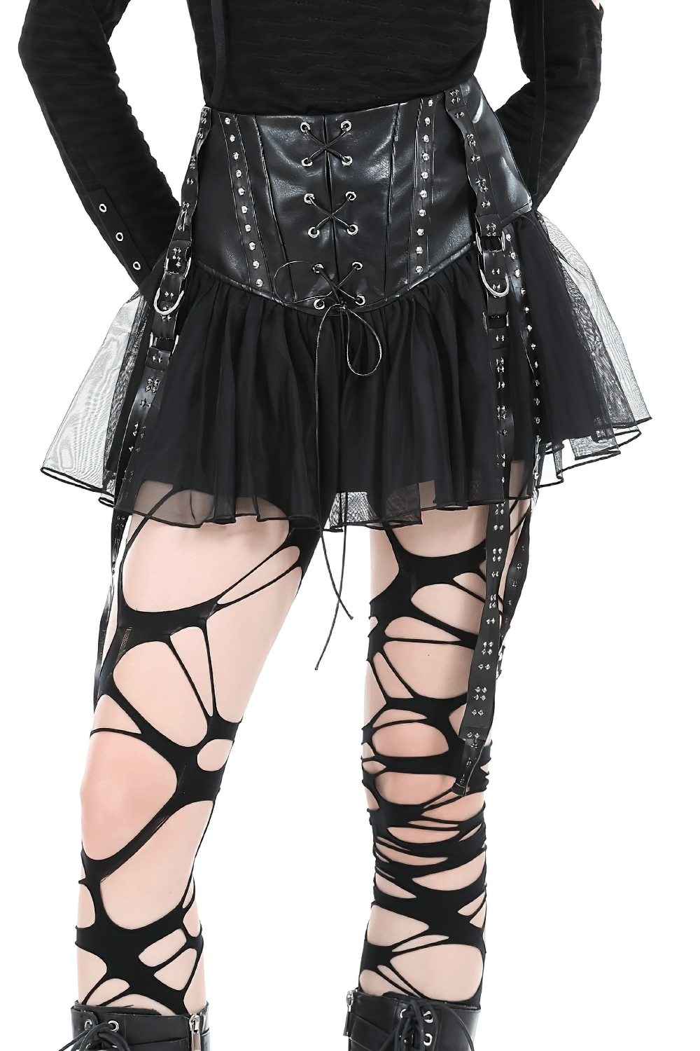 Black Tulle Skirt with Lace-Up Front And Studded