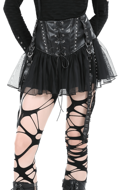 Black Tulle Skirt with Lace-Up Front And Studded