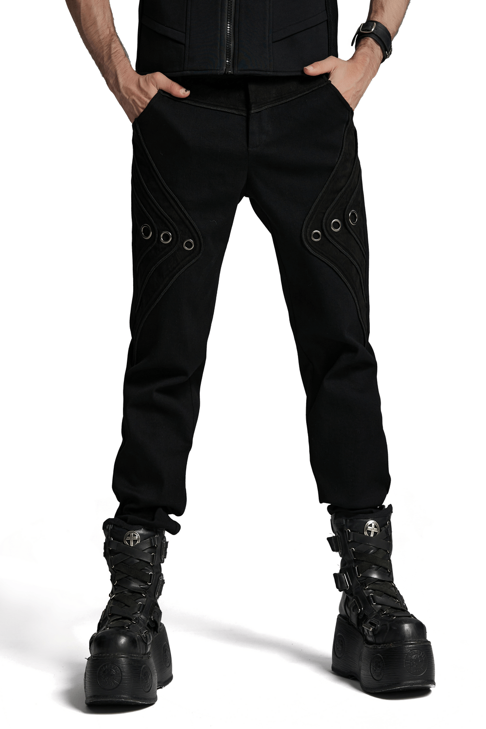 Black Twill Denim Pants with Eyelet Details and Pockets