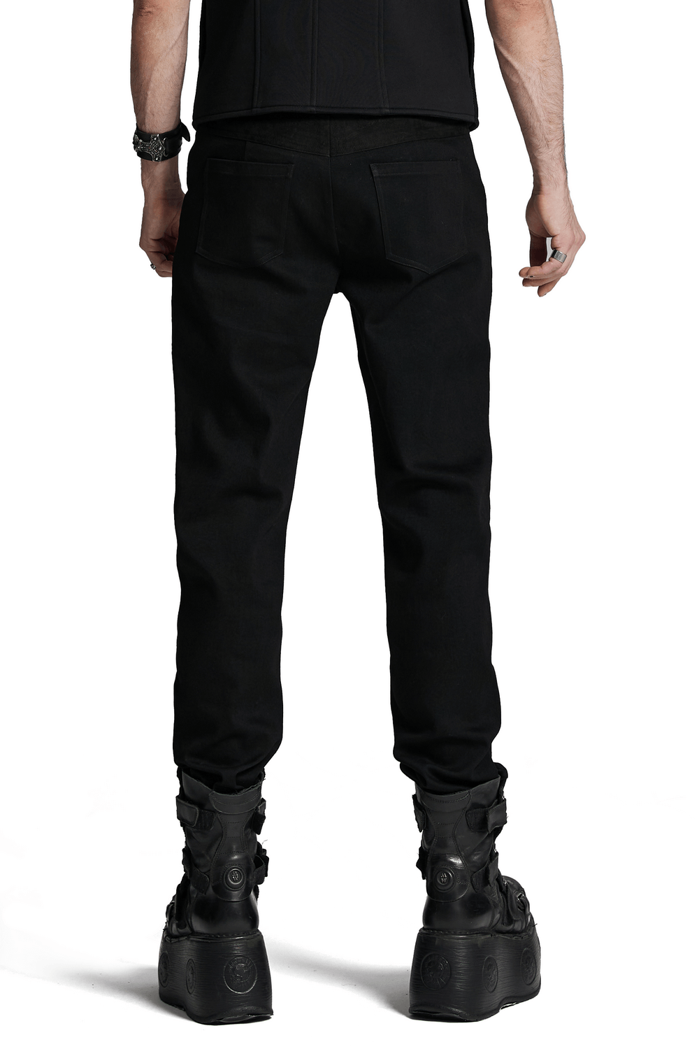 Black Twill Denim Pants with Eyelet Details and Pockets