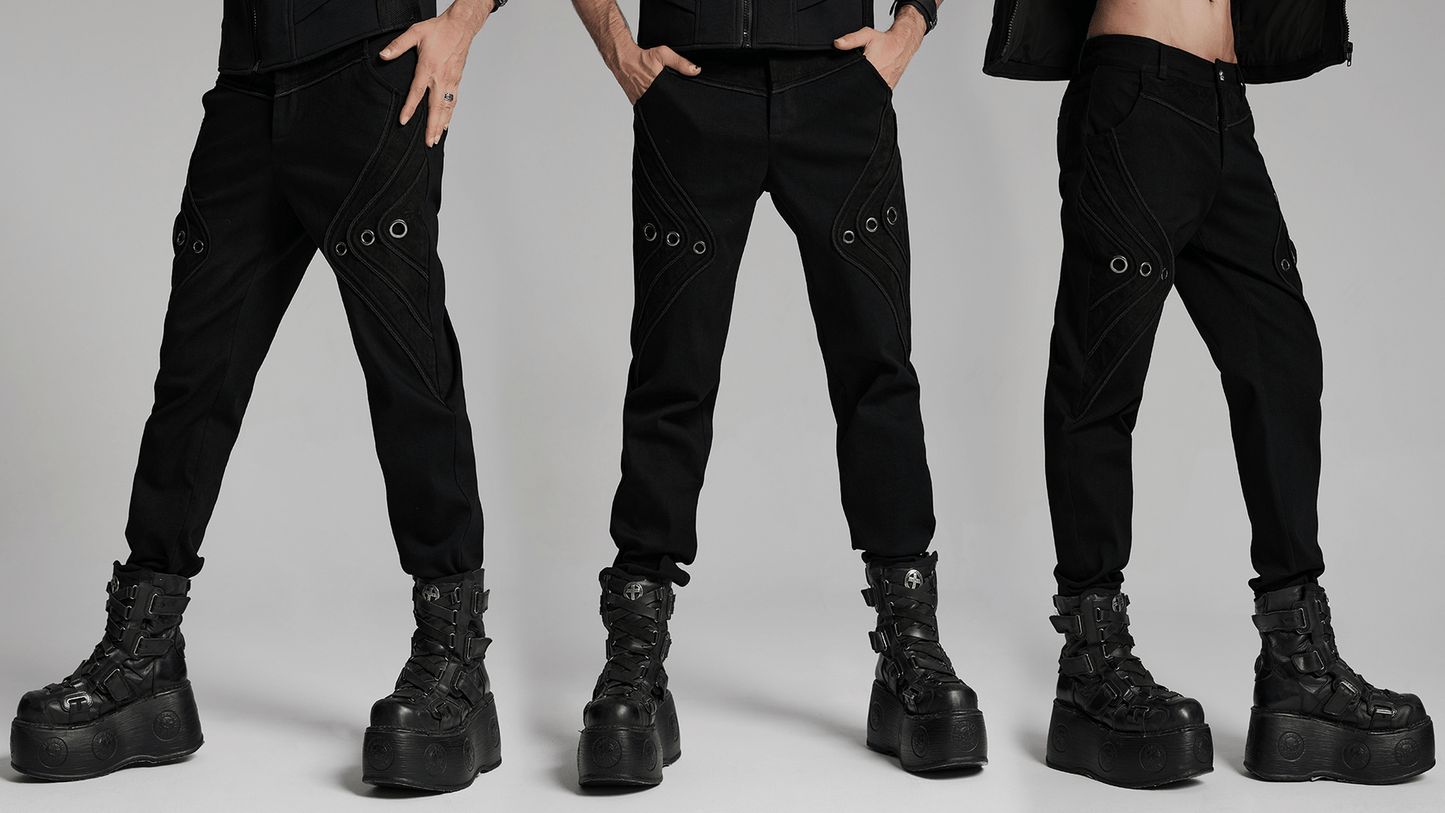 Black Twill Denim Pants with Eyelet Details and Pockets