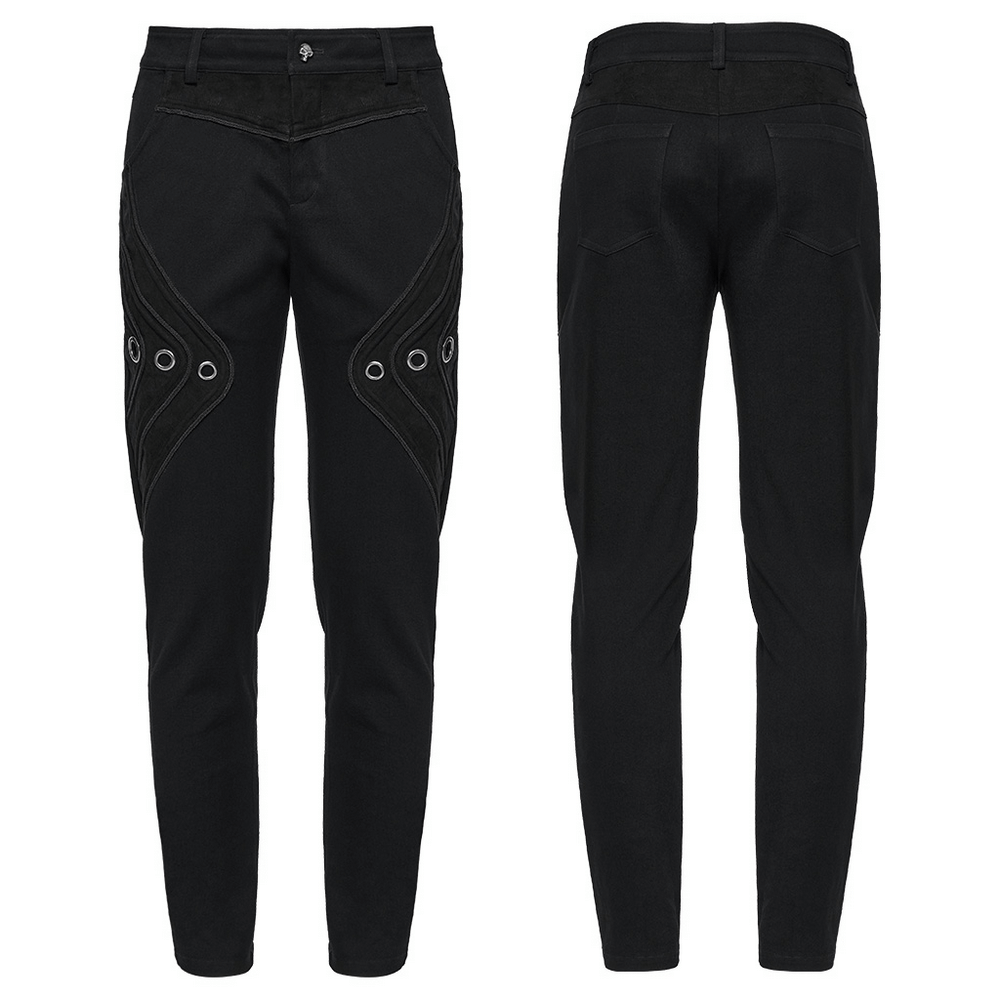 Black Twill Denim Pants with Eyelet Details and Pockets