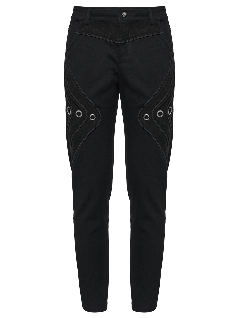 Black Twill Denim Pants with Eyelet Details and Pockets