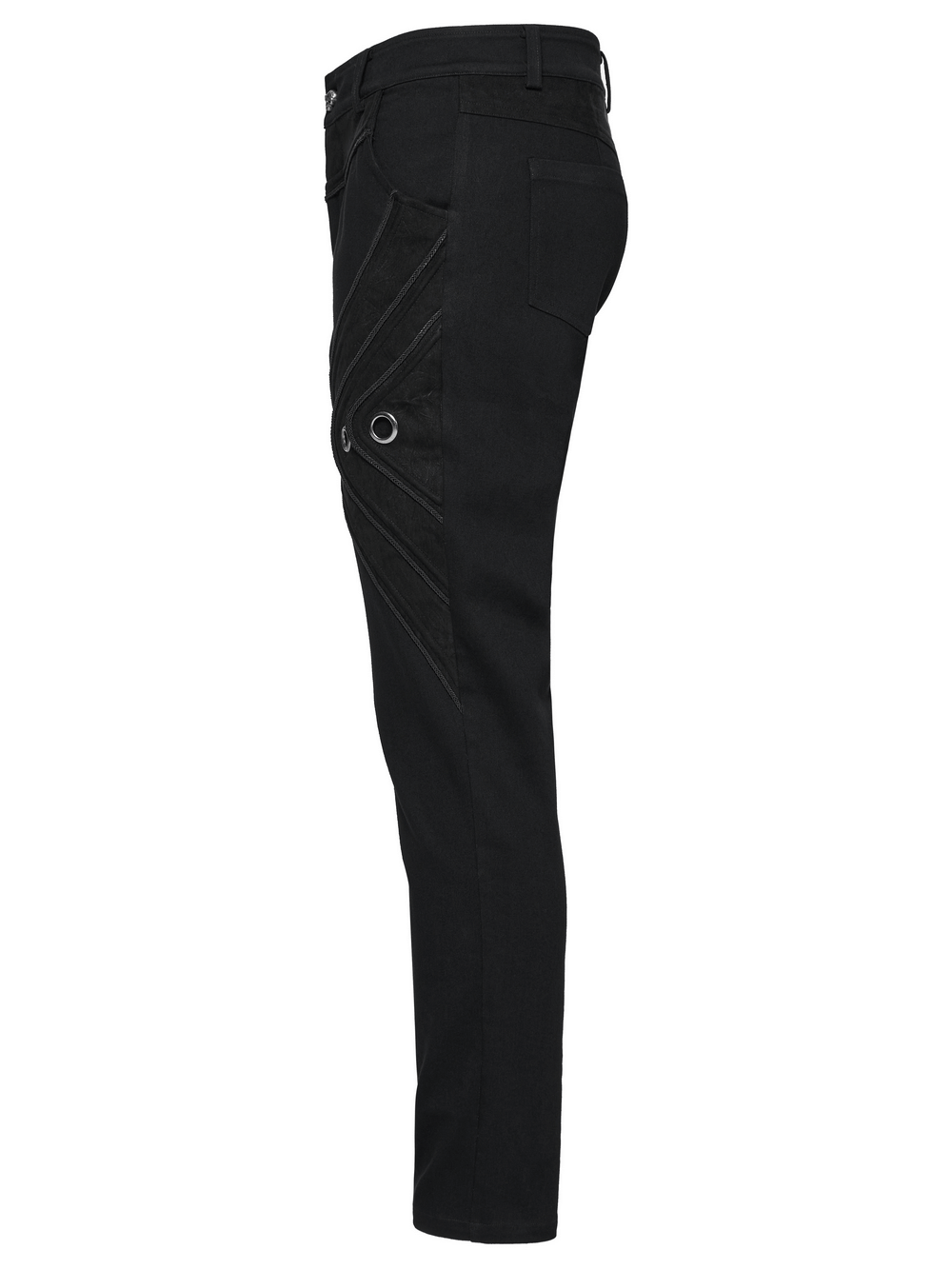 Black Twill Denim Pants with Eyelet Details and Pockets
