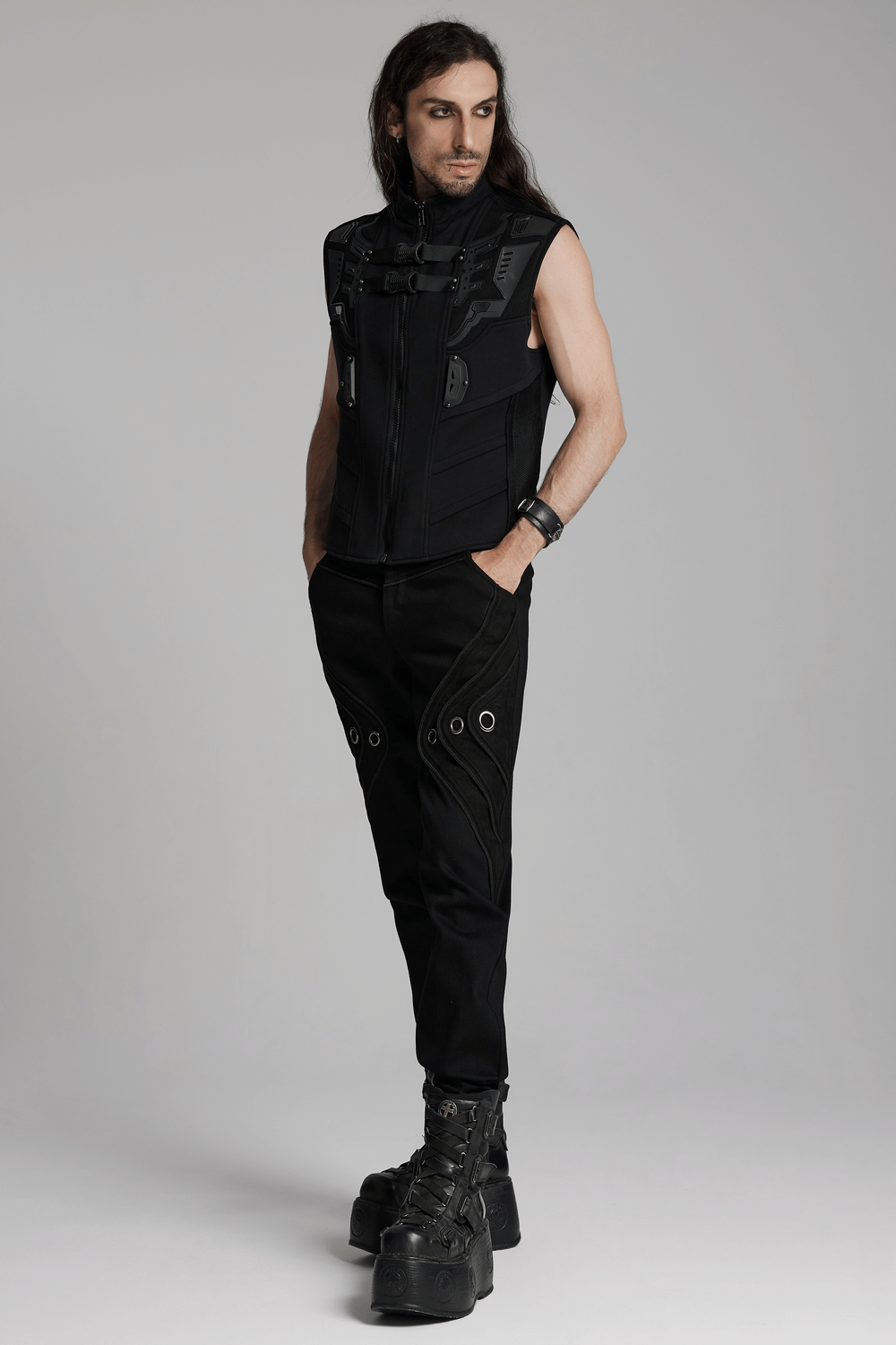 Black Twill Denim Pants with Eyelet Details and Pockets