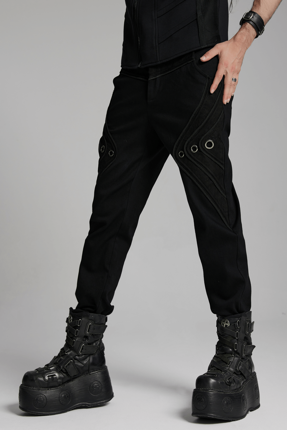 Black Twill Denim Pants with Eyelet Details and Pockets