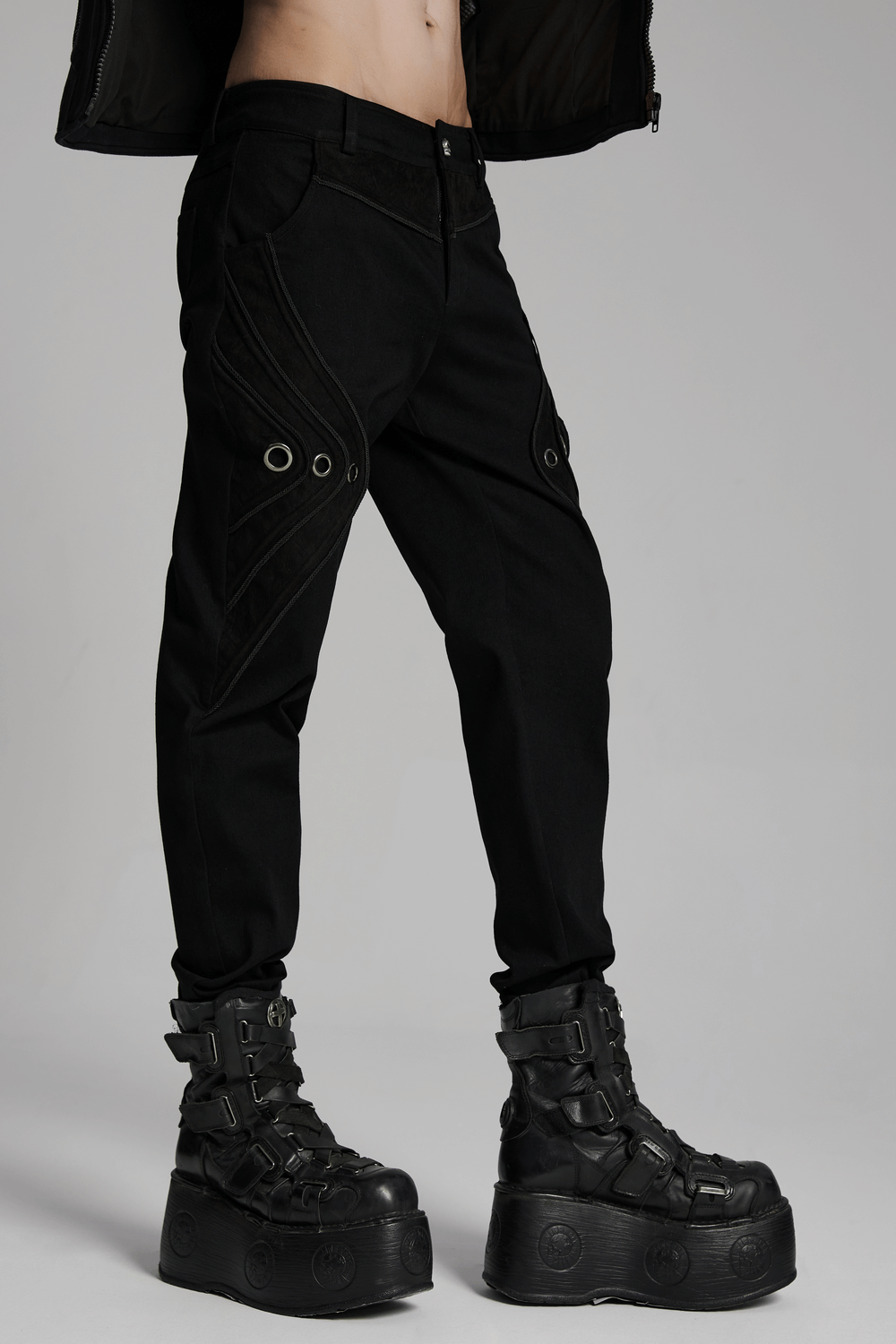 Black Twill Denim Pants with Eyelet Details and Pockets