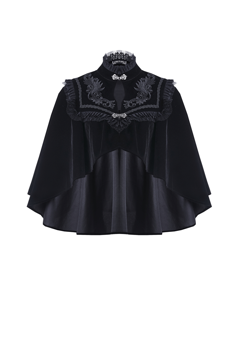 Black Velvet Cape with Embroidered Lace Collar