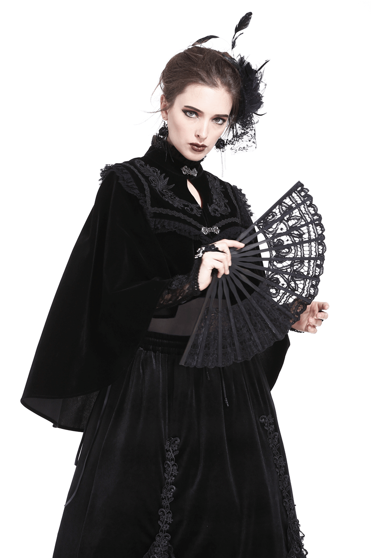 Black Velvet Cape with Embroidered Lace Collar