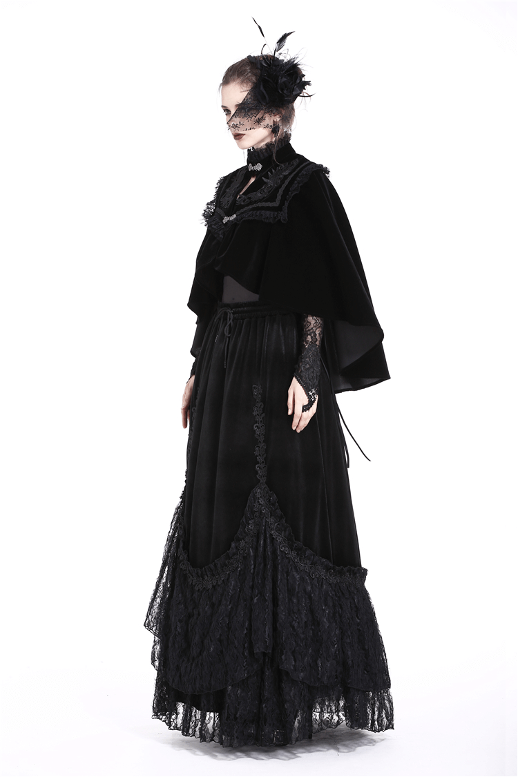 Black Velvet Cape with Embroidered Lace Collar