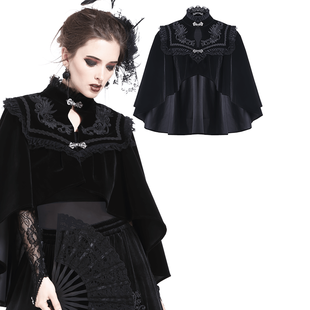 Black Velvet Cape with Embroidered Lace Collar