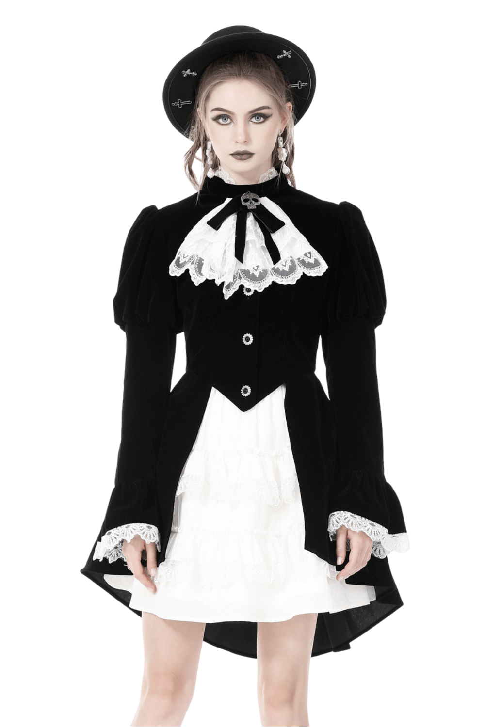 Black Velvet Gothic Coat with White Lace Collar and Cuffs