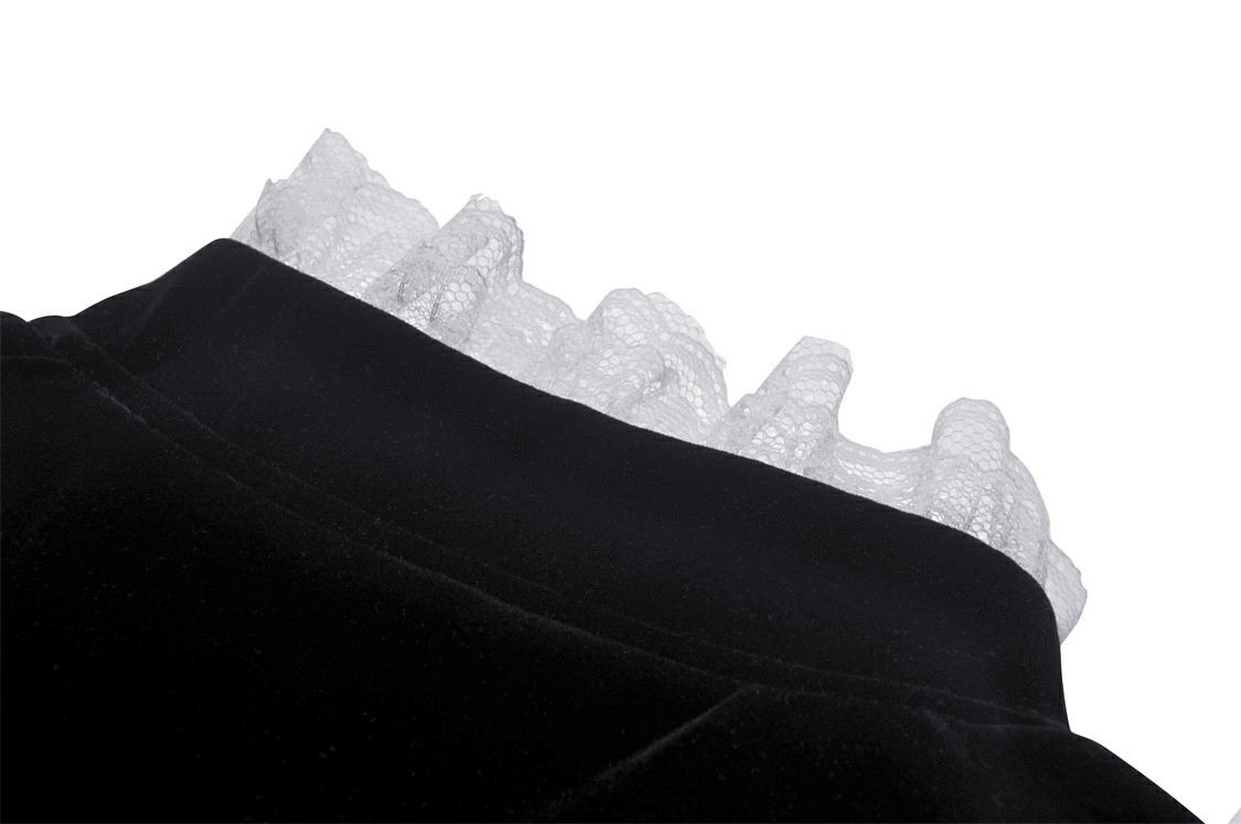 Black Velvet Gothic Coat with White Lace Collar and Cuffs