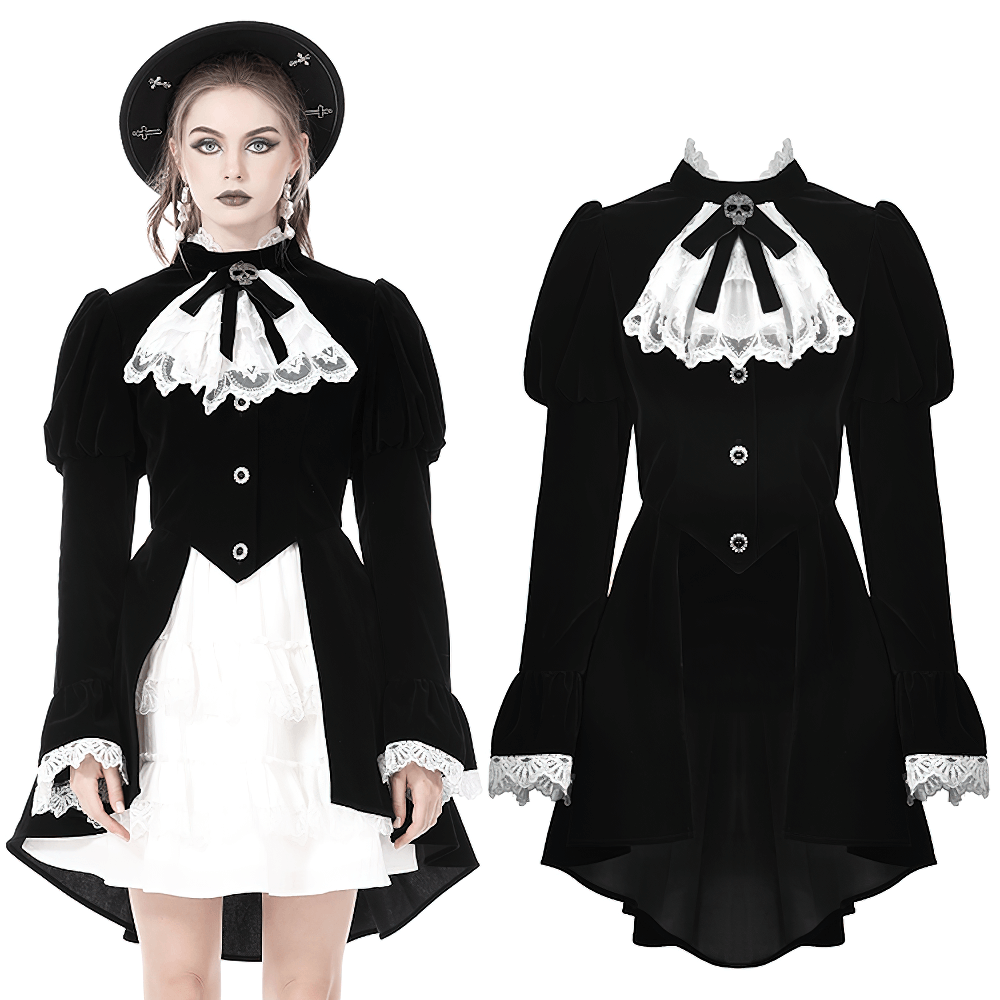 Black Velvet Gothic Coat with White Lace Collar and Cuffs