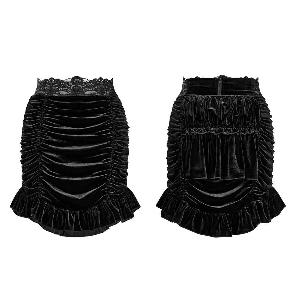 Black Velvet Gothic Ruffle Mini Skirt with Lace Waist
