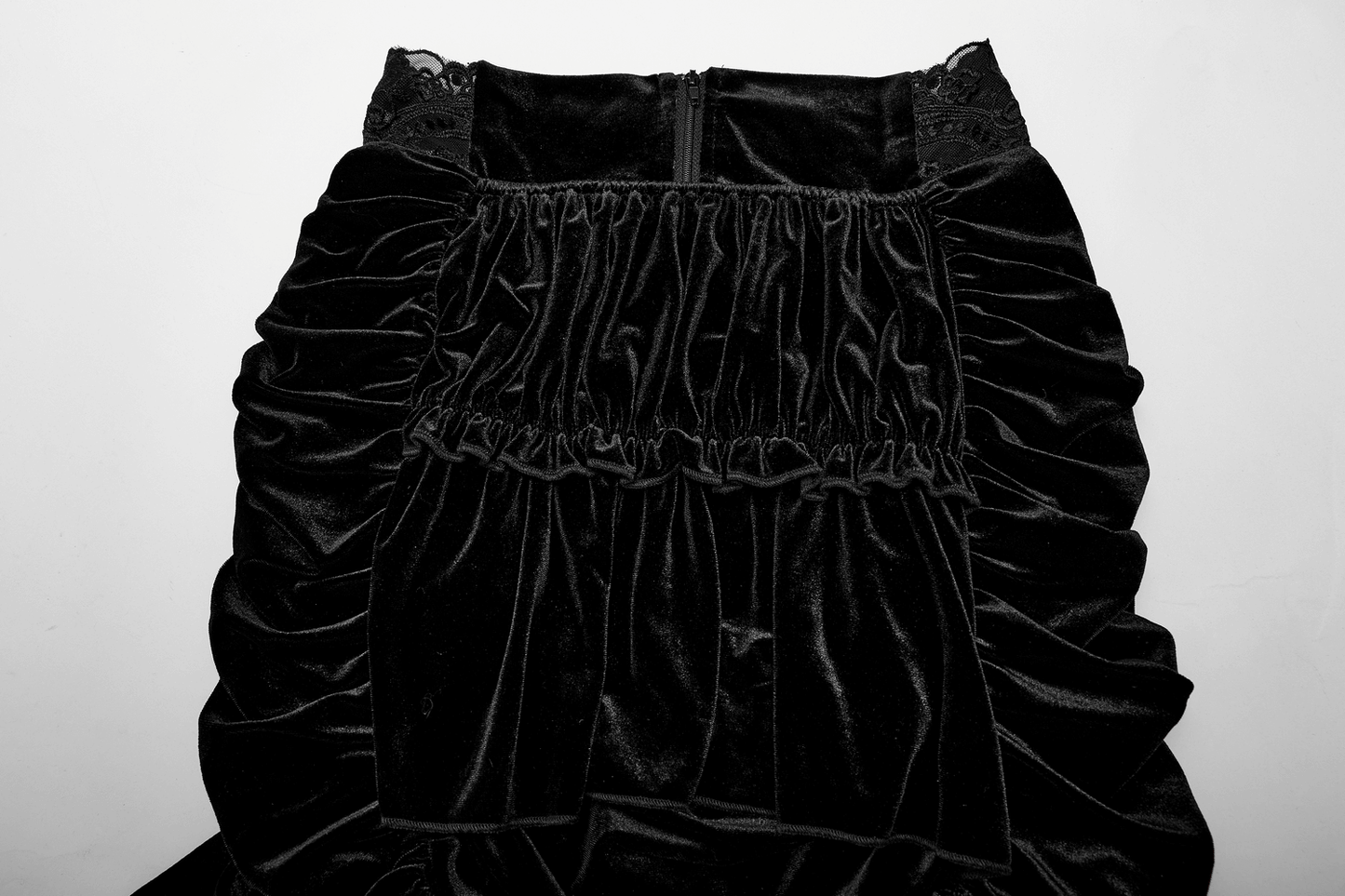 Black Velvet Gothic Ruffle Mini Skirt with Lace Waist