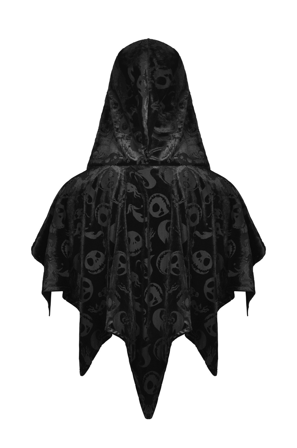 Black Velvet Hooded Cape With Skull Print Design