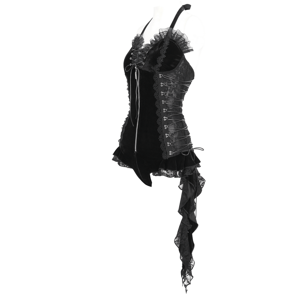 Black Velvet Lace Trim Halter Bodysuit Lingerie